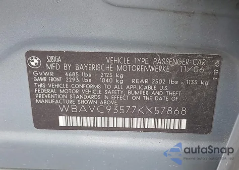 2007 BMW 328Xi из США, поврежденный, VIN WBAVC93577KX57868